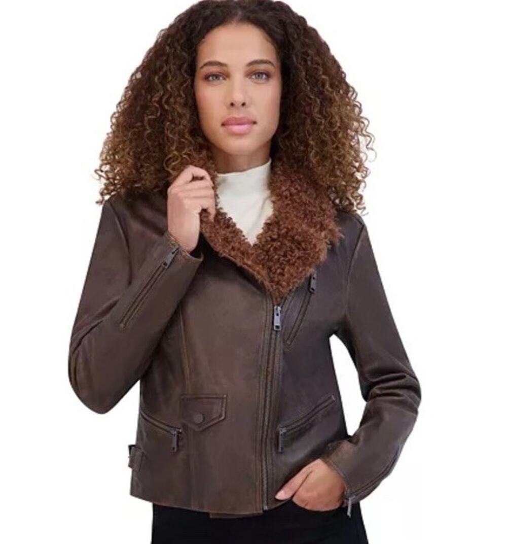 Andrew Marc Paley Women’s Aviator Moto Leather Jacket Size Small Brown Nwt